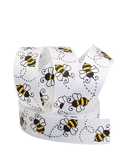Geschenkband weiß mit Bienenmotiv